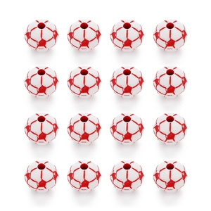 Detailed view of 12mm red and white football patterned acrylic beads with center holes