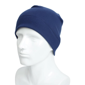 Detail of navy blue beanie featuring fine flatlock stitching and elastic knit fabric texture