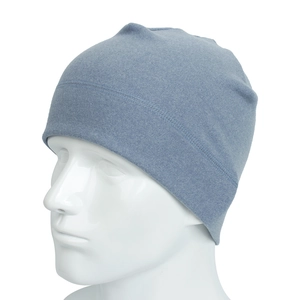 Detail of blue knit beanie showing reinforced stitching and stretch fleece material