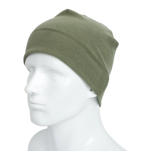Detail of army green fleece beanie with reinforced stitching on a white mannequin head