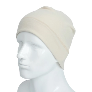 Detail of beige knit beanie edge showing durable double-stitched reinforced sewing seams