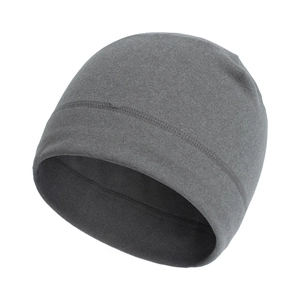 Detail view of dark grey fleece beanie with premium double-needle stitching and texture