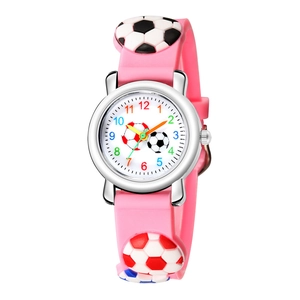 Cute kids cartoon sports watch featuring 3D embossed football patterns on pink strap