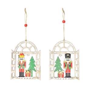 Wooden Nutcracker soldier and Christmas tree window ornaments with festive jute hanging ropes