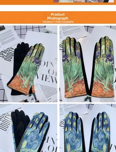 Detailed view of winter suede gloves featuring Van Gogh Starry Night and Iris oil paintings
