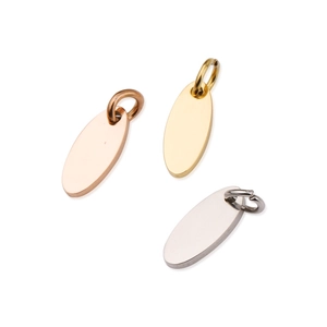 Detailed view of oval stainless steel DIY pendants in rose gold, gold, and silver finishes