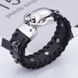 Wide Punk Skull Bracelet For Men With 316L Stainless Steel Buckle And Genuine Leather Braided Wrap Biker Style