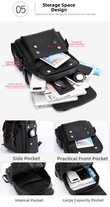 Detail view of large capacity black PU leather backpack with organized storage compartments