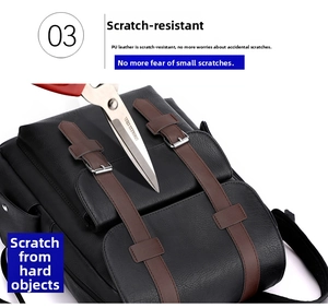 Detailed close-up showing the scratch-resistant PU leather of the casual backpack