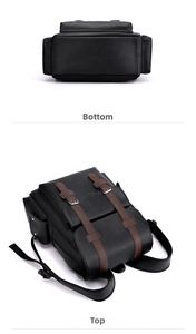 Detail view of large PU leather backpack showing lychee texture and bottom reinforcement
