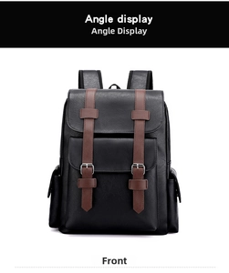 Front view of black PU leather backpack with vintage brown straps and litchi texture