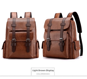 Detail of light brown PU leather backpack with vintage buckles and spacious front pocket