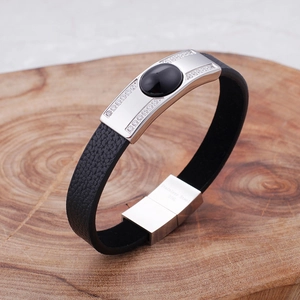 Men's Fashion Bracelet 316L Stainless Steel PU Leather With Oval Black Gemstone Rhinestones Geometric Magnetic Buckle