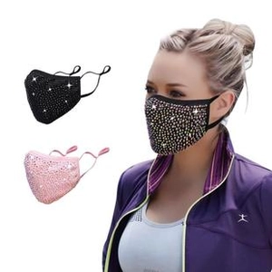 Detail of adjustable sparkling rhinestone face masks in black and pink for women