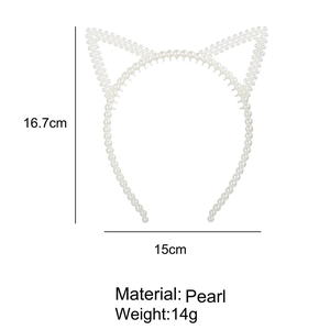 Detail view of pearl cat ear headband showing dimensions 16.7cm by 15cm and 14g weight