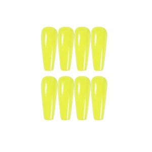 Neon yellow long coffin press-on nails with glossy finish in a professional set
