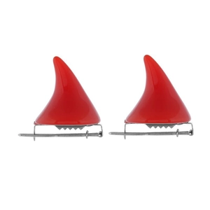Bright red resin devil horn hair clips with glossy finish and silver metal base