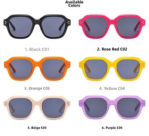 Detail view of colorful dopamine style square sunglasses with triple rivet accents in six colors