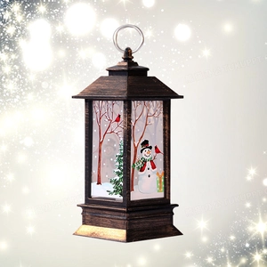 Detail of retro Christmas LED lantern with festive snowman painting and bronze finish