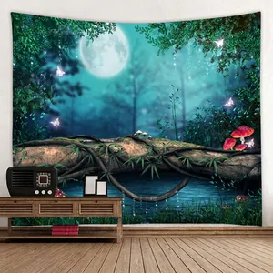 Tapisserie de forêt fantastique avec lune et papillons pour décor de chambre