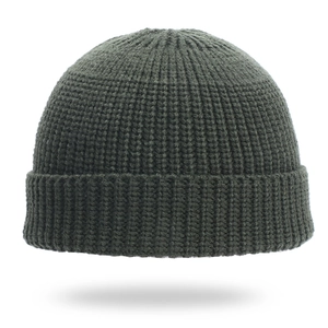 Detailed view of the thick ribbed knit texture and cuff on this dark grey beanie