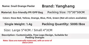Detailed chart for PP snail orange peeler featuring size dimensions and material info