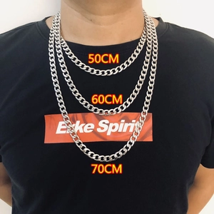 Three-length comparison of silver stainless steel Cuban link chains: 50cm, 60cm, and 70cm
