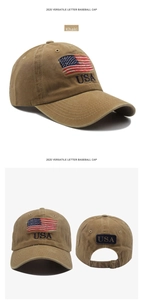 Detail of USA flag embroidery and metal buckle on washed cotton vintage baseball cap