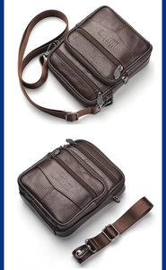 Detail of dark brown lychee leather waist bag featuring multiple functional zippers