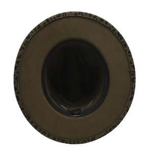 Internal detail of wool fedora showing black sweatband and leopard print brim trim