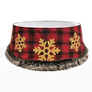 Christmas tree collar with red plaid fabric, gold snowflakes, and brown faux fur trim