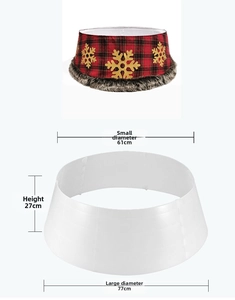 Detail of red plaid Christmas tree collar with gold snowflakes and size dimensions