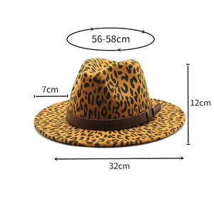Detailed size guide of leopard print fedora hat with dimensions for crown and brim