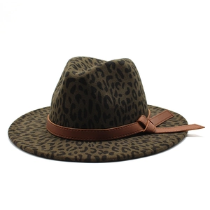 Leopard print fedora hat in olive green wool felt with a brown leather decorative band
