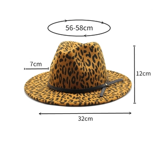 Detailed size chart for the leopard print fedora hat showing dimensions and brim width