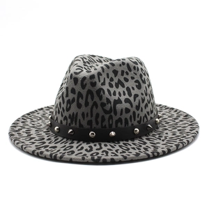 Gray leopard print fedora hat with black studded leather band and punk style rivets