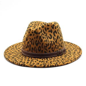 Stylish leopard print wool fedora hat with a decorative brown faux leather belt buckle