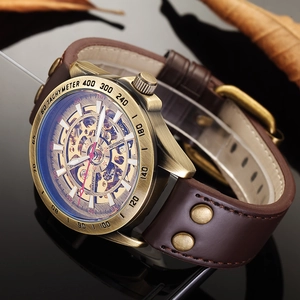 Retro automatic mechanical men watch with hollow dial and brown leather strap