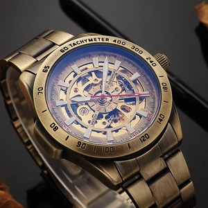 Macro detail of Shenhua skeleton automatic watch with vintage bronze finish and tachymeter