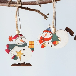 Set of 2 Christmas wooden snowman ornaments with rustic hanging twine and beads