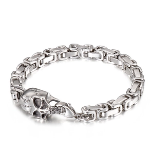 Men's punk style stainless steel skull bracelet with polished chunky square link chain