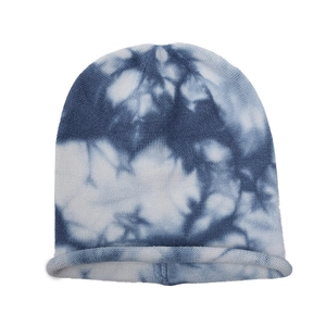 Bonnet en tricot tie-dye bleu et blanc avec bord roulé élastique pour l'hiver