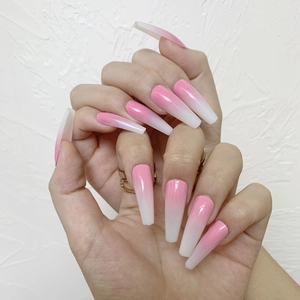 Long Coffin Press On Nails Pink White Ombre Glossy Ballerina Artificial Fake Nails Full Cover Waterproof Resin Manicure Tips Women
