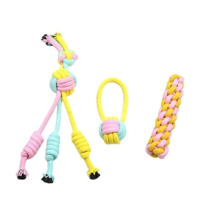 Pink and yellow cotton rope dog toy set for teething and cleaning pet teeth