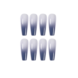 Long coffin gradient press-on nails featuring blue and white matte finish design