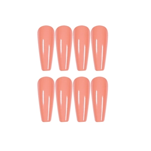 Long coffin peach coral press-on nails with a glossy finish and waterproof design