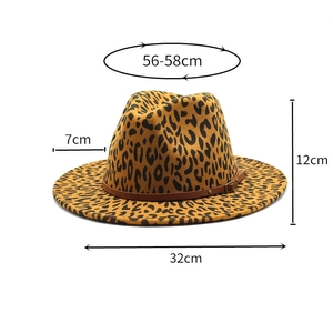 Detail view of leopard print fedora hat with dimensions 56-58cm circumference and 7cm brim