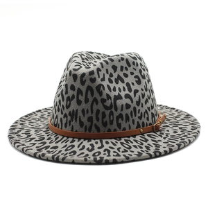 Classic leopard print fedora hat with a stylish brown leather band and metal buckle