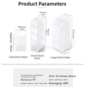 Size chart showing dimensions for cylindrical and slanted frosted desk organizers