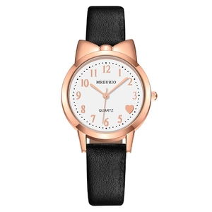 Cute Cat Ear Case Quartz Watch For Girls And Women Fashion Leather Strap Heart Dial Arabic Numerals Analog Wristwatch